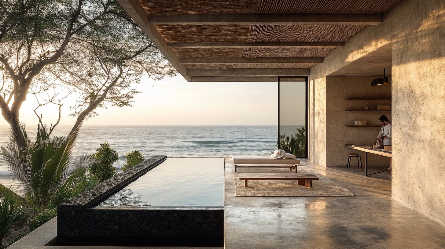 Luxury resort infinity pool at sunset